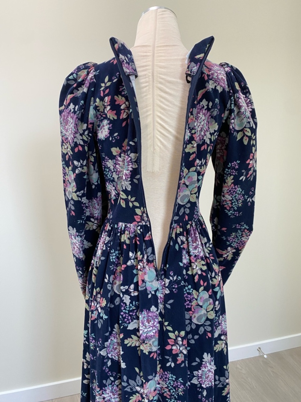 Vintage Laura Ashley Navy Floral Corduroy Long-Sleeve Midi Dress - Picture 8 of 15